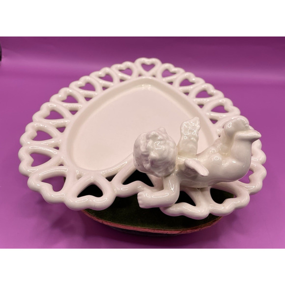 Vintage Handmade Signed Cherub Heart-Shaped Decorative Ceramic Dishes- Set of 2 - Picture 9 of 15